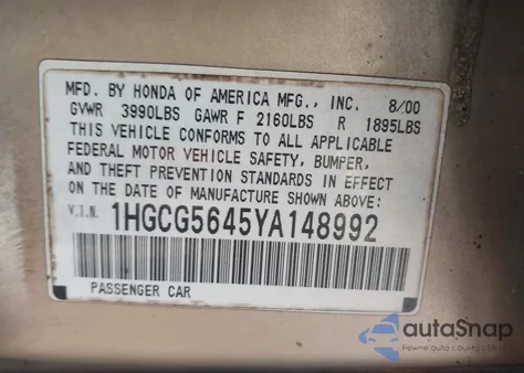2000 Honda Accord 2.3 Lx from USA, damaged, VIN 1HGCG5645YA148992
